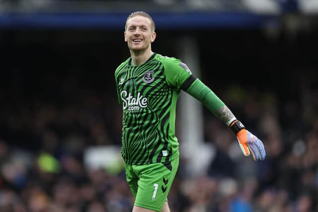 LIVERPOOL, ENGLAND - FEBRUARY 18: Jordan Pickford of Everton shows his emotion during the Premier League match between Everton FC and Leeds United at Goodison Park on February 18, 2023 in Liverpool, England. (Photo by Clive Brunskill/Getty Images)