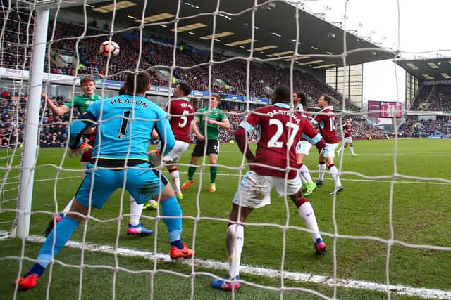 Sean Raggett heads home Lincoln's winner against Burnley in 2017. Picture: Clive Brunskill/Getty Images