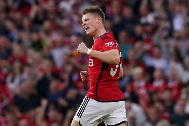 Manchester United's Scott McTominay celebrates scoring at Old Trafford in the dramatic victory over Brentford. (Photo by Martin Rickett/PA Wire).