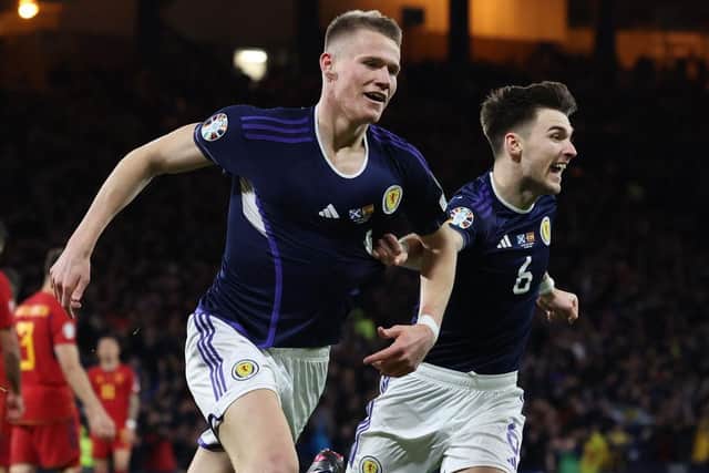 Scotland's Scott McTominay celebrates his second goal against Spain.