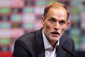 LONDON, ENGLAND - OCTOBER 16: Thomas Tuchel, Manager of England, speaks to the media during a press conference as he is announced as the new England manager at Wembley Stadium on October 16, 2024 in London, England. (Photo by Ryan Pierse/Getty Images)
