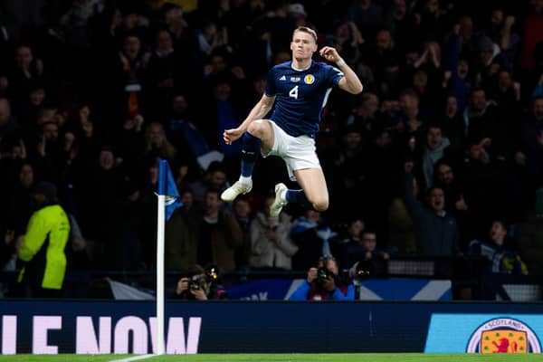 Scott McTominay celebrates making it 1-0 to Scotland during the European Championships qualifier against Spain. Picture: SNS