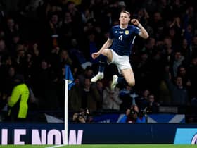 Scott McTominay celebrates making it 1-0 to Scotland during the European Championships qualifier against Spain. Picture: SNS