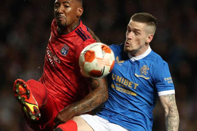 Jerome Boateng of Olympique Lyonnais challenges Ryan Kent when the sides met in September. Lyon won the match. (Photo by Ian MacNicol/Getty Images)