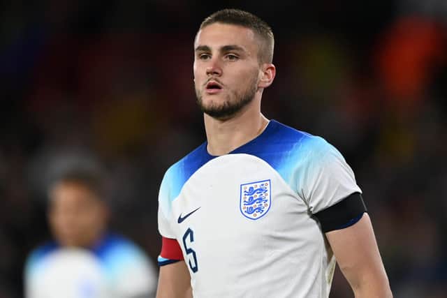 SHEFFIELD, ENGLAND - SEPTEMBER 27: Taylor Harwood-Bellis of England during the International Friendly between England U21 and Germany U21 at Bramall Lane on September 27, 2022 in Sheffield, England. (Photo by Gareth Copley/Getty Images)