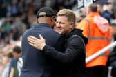 NEWCASTLE UPON TYNE, ENGLAND - SEPTEMBER 30:  Vincent Kompany, Manager of Burnley, embraces Eddie Howe, Manager of Newcastle United, prior to the Premier League match between Newcastle United and Burnley FC at St. James Park on September 30, 2023 in Newcastle upon Tyne, England. (Photo by Ian MacNicol/Getty Images)