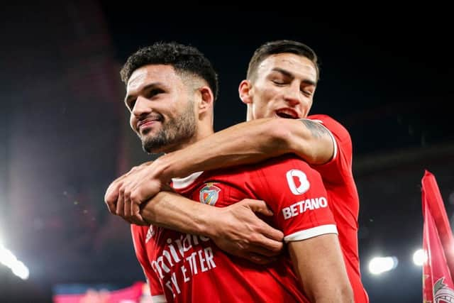 Benfica's Portuguese forward Goncalo Ramos (L) celebrates with Benfica's Croatian forward Petar Musa after scoring his team's second goal during the Portuguese League football match between SL Benfica and FC Famalicao, at the Luz stadium in Lisbon on March 3, 2023. (Photo by CARLOS COSTA / AFP) (Photo by CARLOS COSTA/AFP via Getty Images)