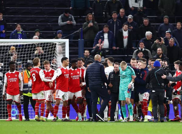 LONDON, ENGLAND - JANUARY 15: Aaron Ramsdale of Arsenal reacts after the team's victory during the Premier League match between Tottenham Hotspur and Arsenal FC at Tottenham Hotspur Stadium on January 15, 2023 in London, England. (Photo by Clive Rose/Getty Images)