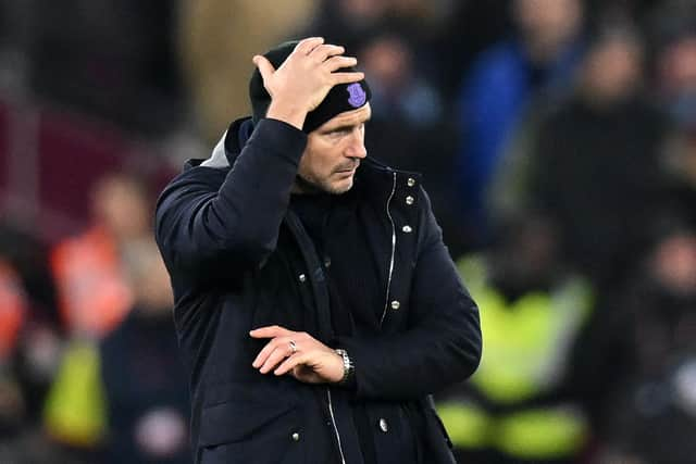 Everton's English manager Frank Lampard gestures on the touchline during the English Premier League football match between West Ham United and Everton at the London Stadium, in London on January 21, 2023. (Photo by GLYN KIRK/AFP via Getty Images)