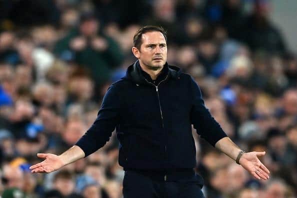 Frank Lampard, manager of Everton, reacts during the Premier League loss against Brighton