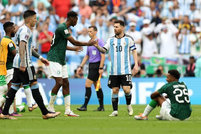 Lionel Messi shows his dejection at the final whistle after Argentina were beaten by Saudi Arabia in one of the greatest ever World Cup shocks at Lusail Stadium on Tuesday in Qatar.  (Photo by Clive Brunskill/Getty Images)