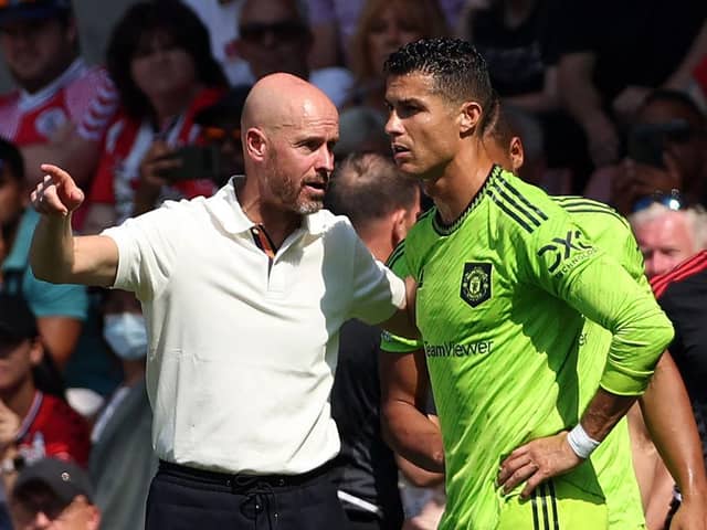 Cristiano Ronaldo and Manchester United manager Erik Ten Hag (Photo by ADRIAN DENNIS/AFP via Getty Images)
