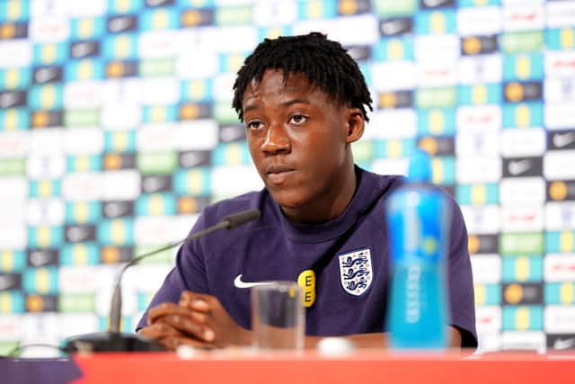 England's Kobbie Mainoo during a press conference at Schlossverein Blankenhain in Blankenhain, Germany