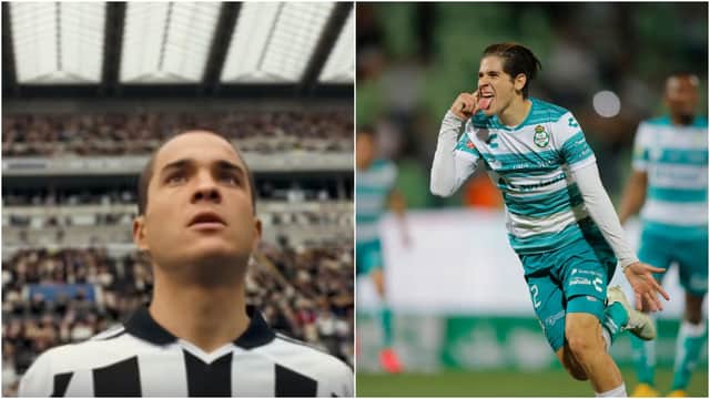 A still of Santiago Munez in the 2005 film Goal! (Touchstone Pictures, Milkshake Films, Buena Vista International) and Santiago Munoz in action for Santos Laguna.